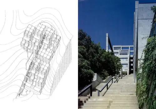 安藤忠雄的六甲山集合住宅由于受到日本法律关于坡地建筑不得高于两层