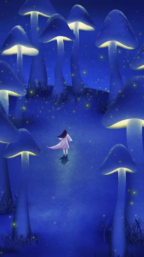 梦境夜晚渐变奇幻蘑菇女孩插画