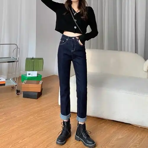 深蓝色弹力卷边烟管牛仔裤女搭配马丁靴高腰显瘦2022春秋直筒宽松