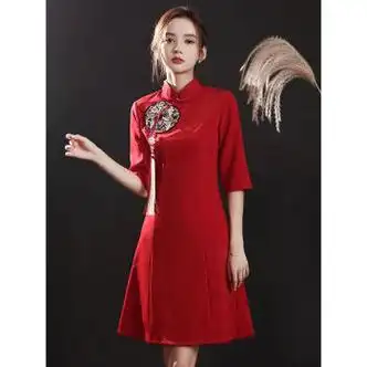 斌可旗袍敬酒服新娘新款夏季小个子红色订婚礼服女日常可穿夏红色s