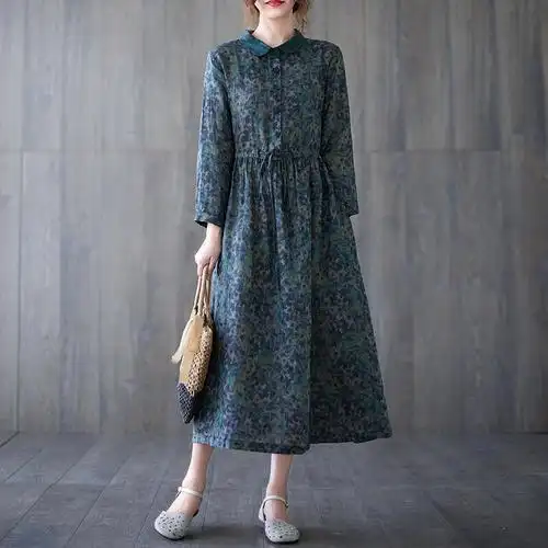 棉麻女装官方素素杭州印花连衣裙女秋冬气质撞色收腰娃娃领时尚裙品牌