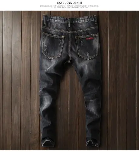 18春装新款潮流时尚黑色男士破洞牛仔裤徽章布贴补丁个性男生裤子_7折