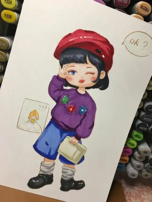 艺游61马克笔手绘q版时尚女孩ok鸭