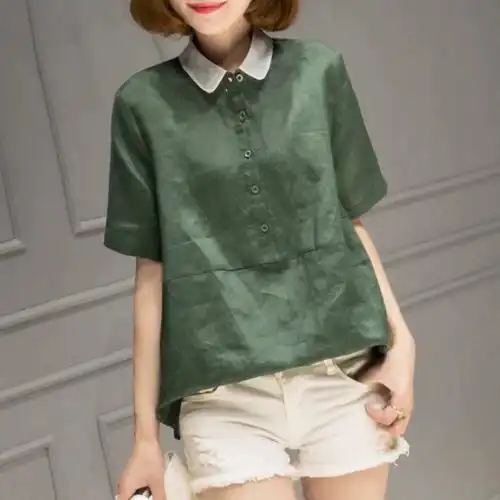 棉麻短袖宽松百搭衬衣棉麻上衣文艺简约大码衬衫女夏新款女装韩版