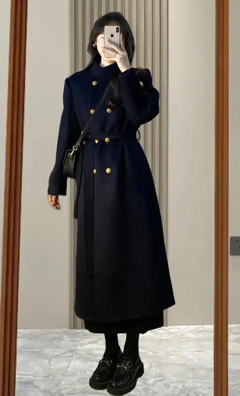 ootd/秋冬赫本风黑色立领毛呢大衣