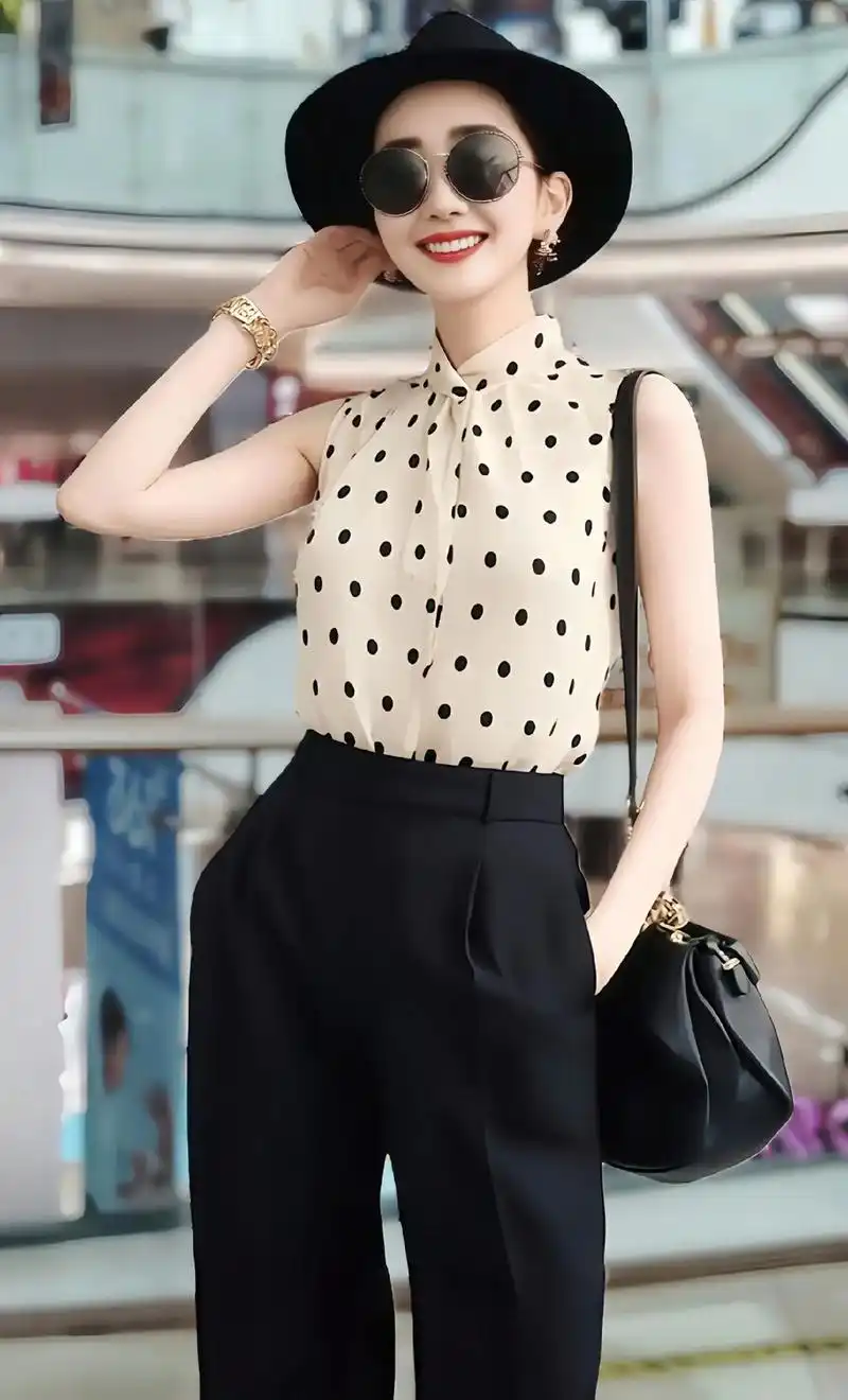 高级感洋气波点复古无袖上衣黑色裤子套装!