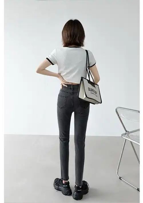 烟灰色牛仔裤女复古中高腰加薄绒小脚裤修身显瘦九分铅笔裤子春秋