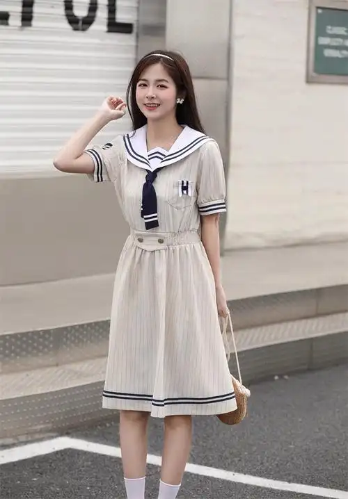 森女日系部落学院风气质少女jk制服连衣裙海军领a字裙水手服夏… - 17