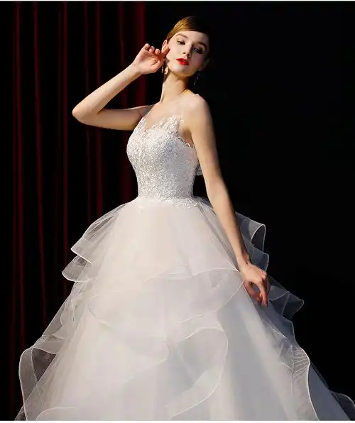 婚纱礼服新款韩式新娘结婚双肩小拖尾孕妇婚纱齐地蓬蓬裙 白色拖尾