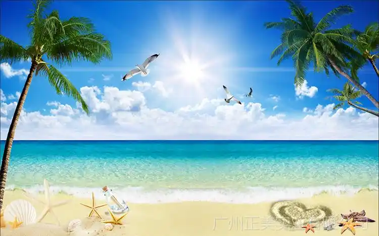 3d5d蓝天白云海景海滩电视背景壁画墙纸客厅卧室风景无缝壁纸