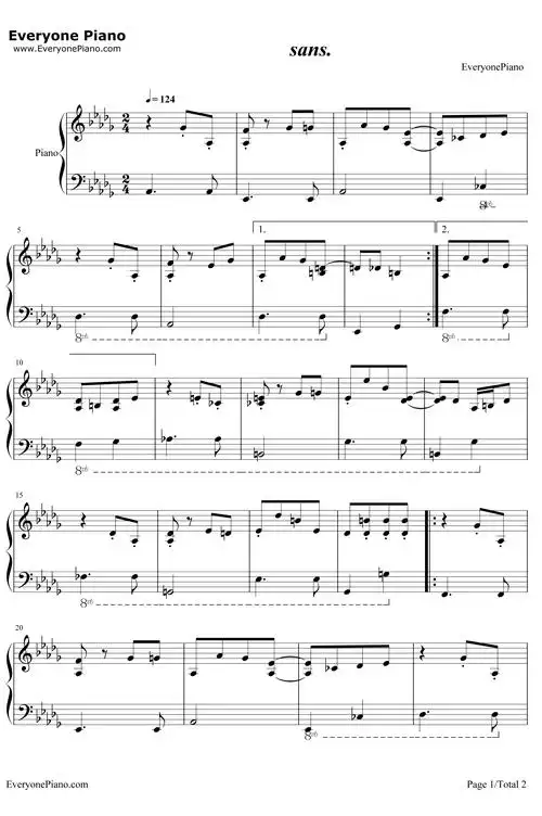 sans-undertale原声音乐五线谱预览1