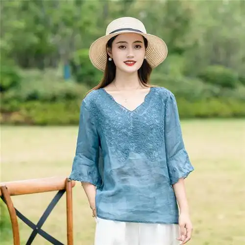 高端苎麻上衣女v领刺绣短袖t恤衫女装薄款优雅纯色小衫宽松套头衫