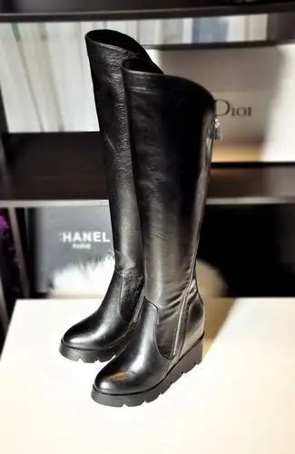 全牛皮坡跟包腿长靴