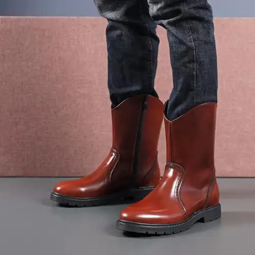 牛皮棕色中筒皮靴雪地靴男真皮马靴男高筒皮毛时装靴