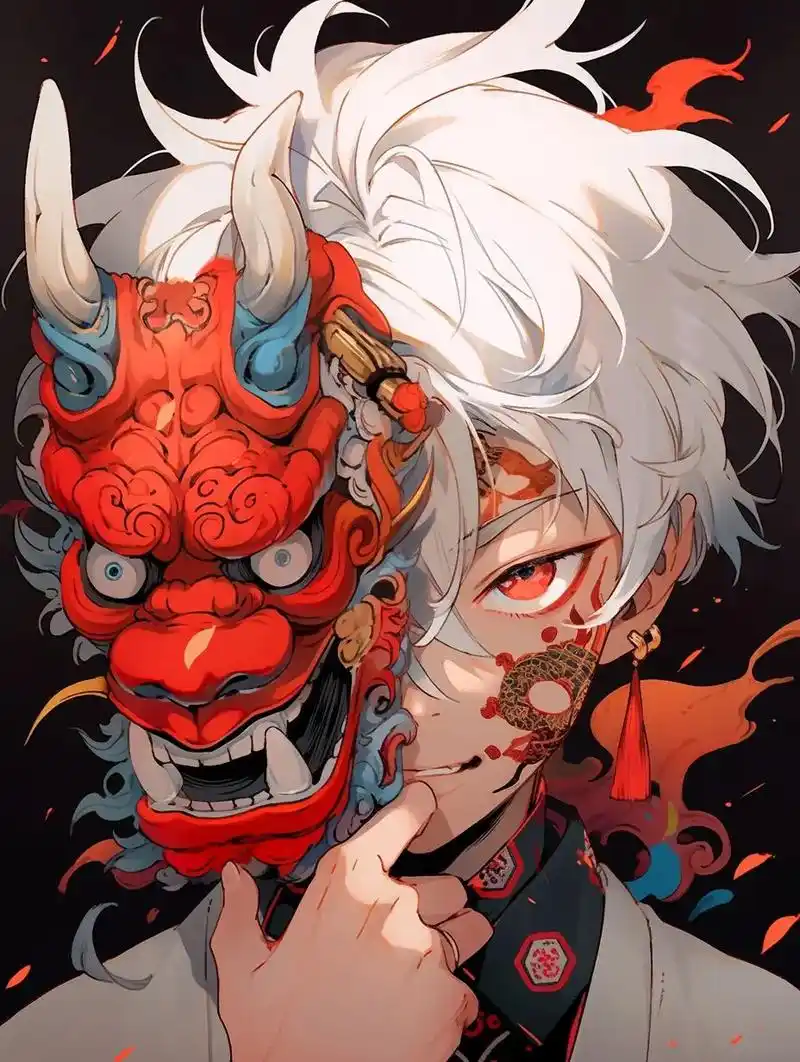 midjourney关键词分享.元素 : 日本般若面具 银发 - 抖音