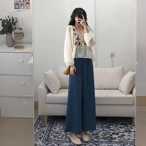 2021夏季新款韩版盐系轻熟风穿搭刺绣衬衣女洋气显高阔腿裤两件套