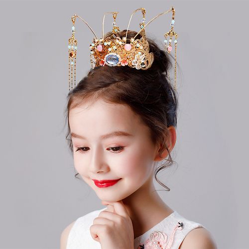 汉服头饰儿童女童发冠古风头冠古装发饰古代女孩皇冠国潮步摇凤冠 金