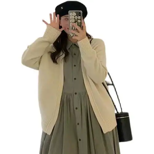 2021年新款秋冬毛衣开衫黄色外套女装春秋宽松外穿搭早秋上衣