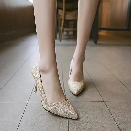 水晶伴娘新娘婚鞋银色尖头高跟鞋女金色细跟渐变亮片中跟单鞋同款