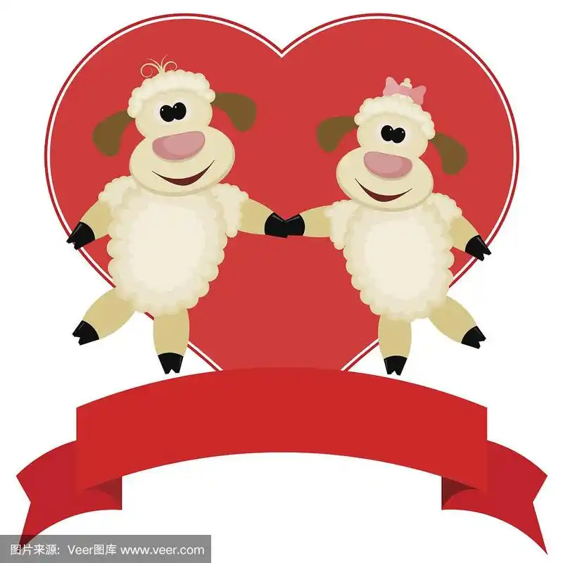 两只羊在红心的背景上.情人节