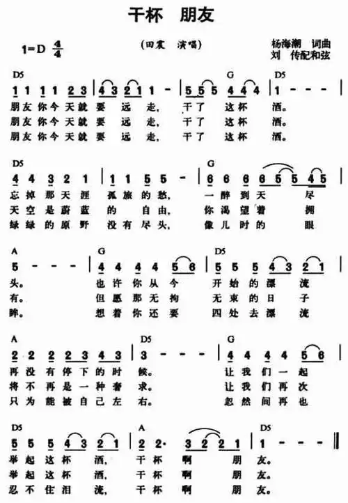 干杯朋友_简谱_歌谱_曲谱_吉他谱_五线谱