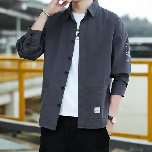 梵克公牛衬衫外套男士帅气日系印花长袖衬衣男秋季休闲港风工装外套流