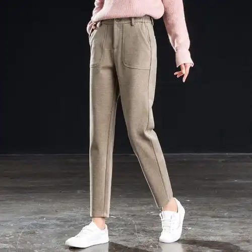 新款秋冬毛呢哈伦裤女学生韩版高腰垂感萝卜裤九分小脚休闲裤衫伊格