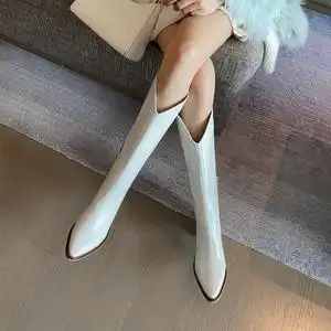 白色长筒靴女西部靴尖头长靴不过膝真皮高筒v口粗跟春秋加绒靴子