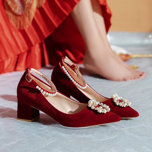 红色婚鞋秀禾婚纱两穿结婚新娘鞋女2021年冬季法式礼服高跟鞋孕妇