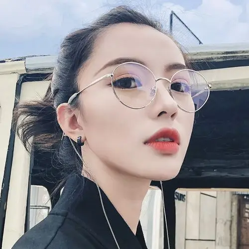 青陌圆形长脸眼镜框女ins复古原宿风前卫带链子平光镜近视眼睛潮