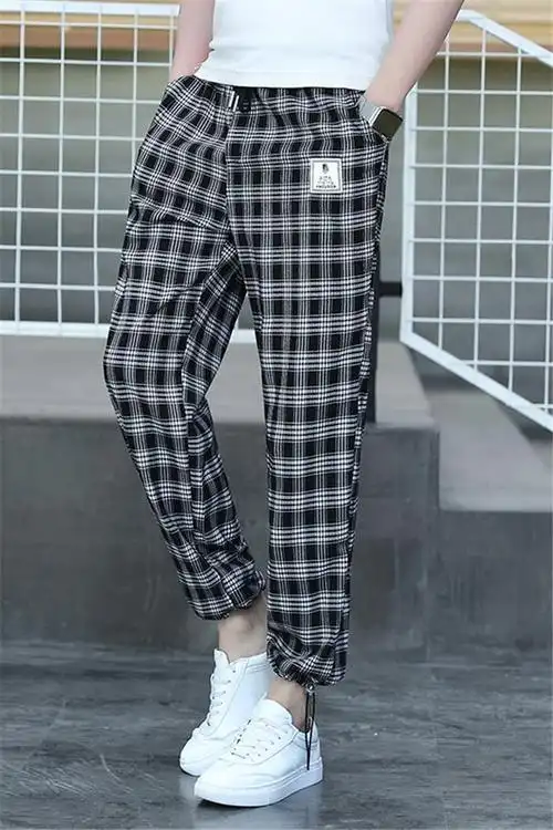 黑白 strong>格子裤 /strong>男夏季抽绳束脚痞帅九分裤子潮流宽松