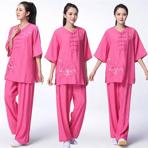 低领短袖太极服女绣花夏季亚麻棉练功服中袖太极拳服装薄款秋特价