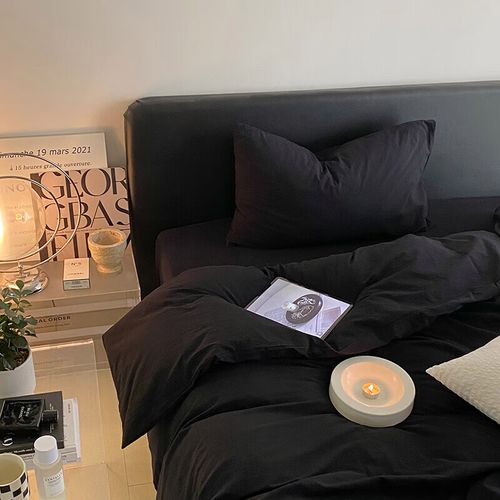 旭唯美依之柔 暗黑系侘寂风纯色水洗棉四件套全棉黑色被套床单床笠 黑