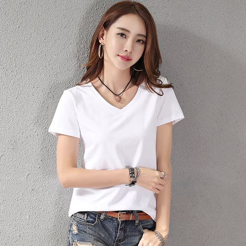 白色v领短袖t恤女2022新款夏季韩版纯棉修身百搭半袖汗衫小衫上衣