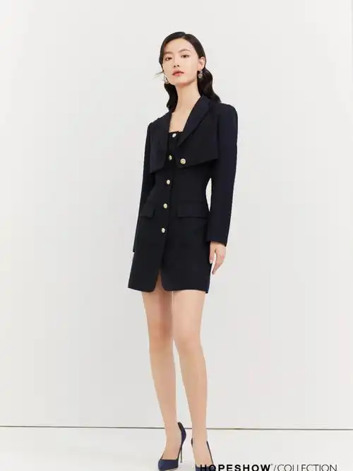 西装式连衣裙,复古典雅的藏青色调,优雅中透露一丝小性感.