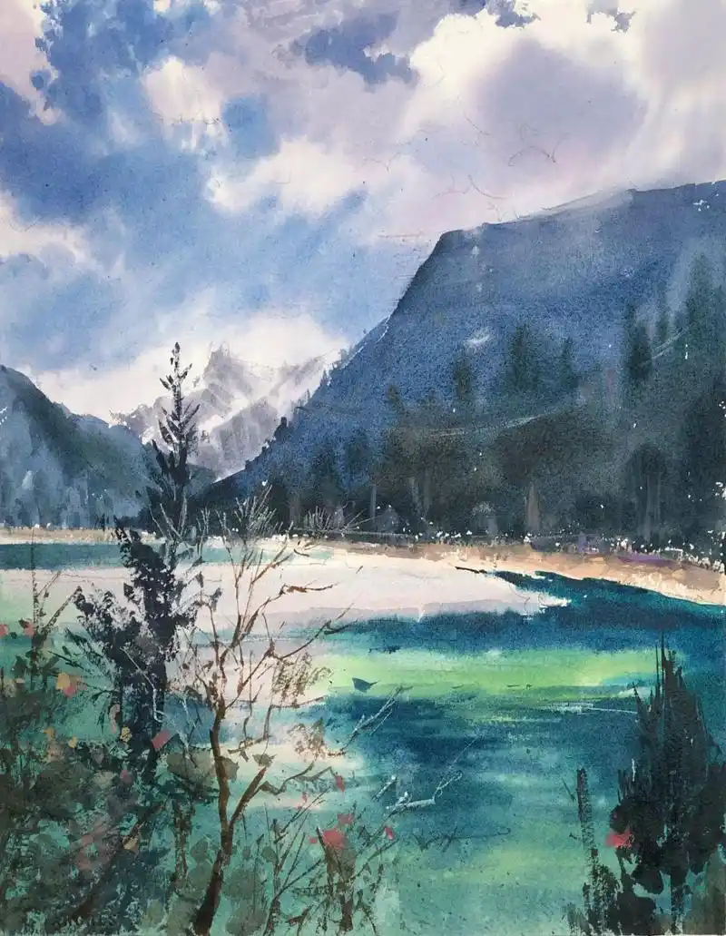 水彩61九寨沟风景～步骤图 水彩风景稞的示范分享