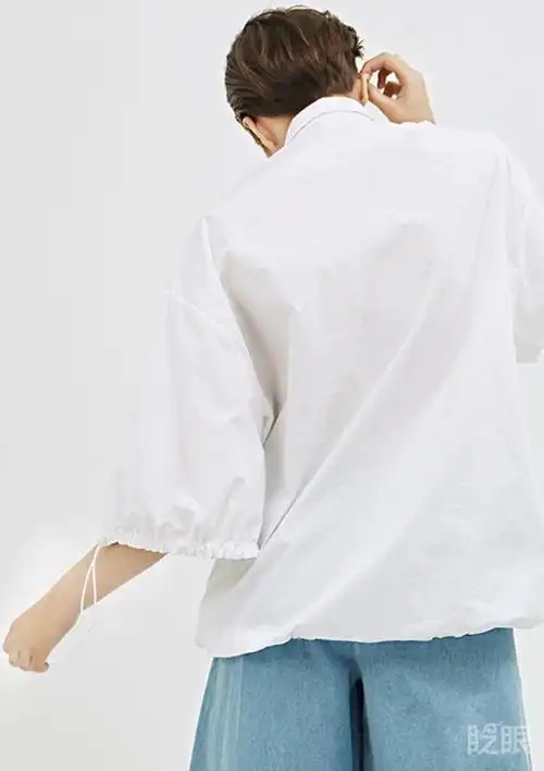 单喜 纯白欧美风袖抽绳衬衫七分袖上衣女