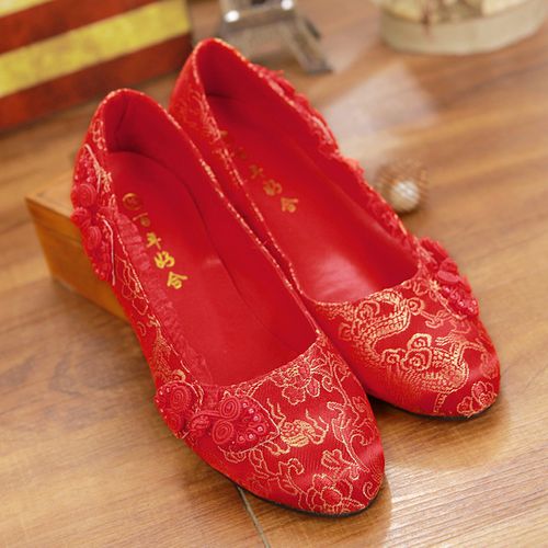 中式婚鞋红金色龙凤绣花婚鞋传统旗袍裙褂秀禾服新娘结婚粗跟女鞋