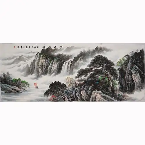 客厅手绘水墨山水画国画办公室风水靠山装饰画背景墙国画