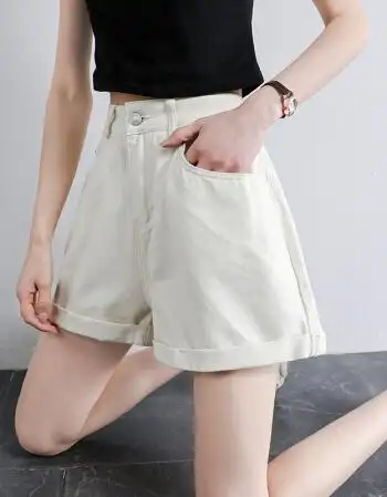 新款高腰牛仔短裤女a字阔腿裤宽松显瘦皮牌热裤薄款潮59532米白色xl