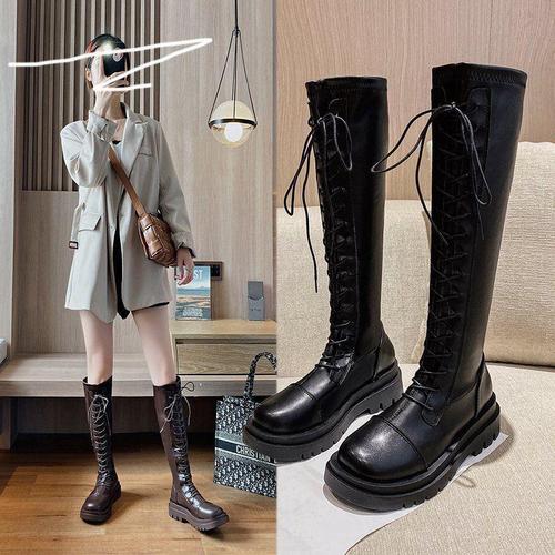 淑游长筒靴女春秋显瘦高筒厚底长靴白色过膝小个子骑士靴子鞋 黑色 35