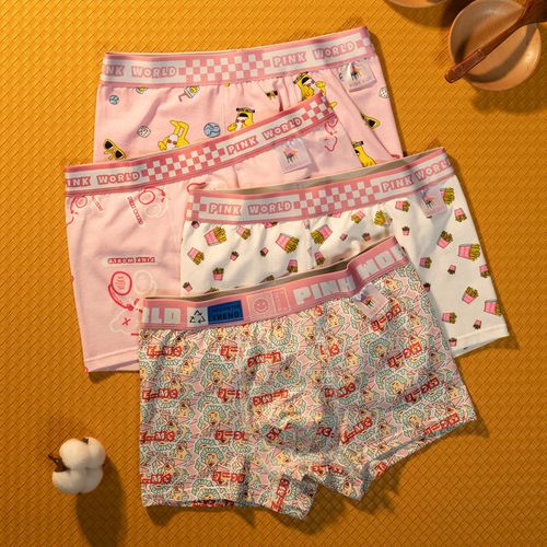 粉色内裤男生纯棉舒适透气可爱潮流卡通印花男士平角裤四角短裤衩