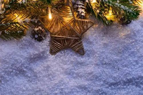 圣诞枞树与灯光和星星在雪地里在黑暗中,从上面查看