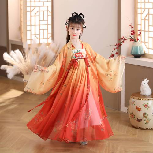 新款女童汉服两件套大裙摆古装花仙子田园披肩裙子两件套现货代发