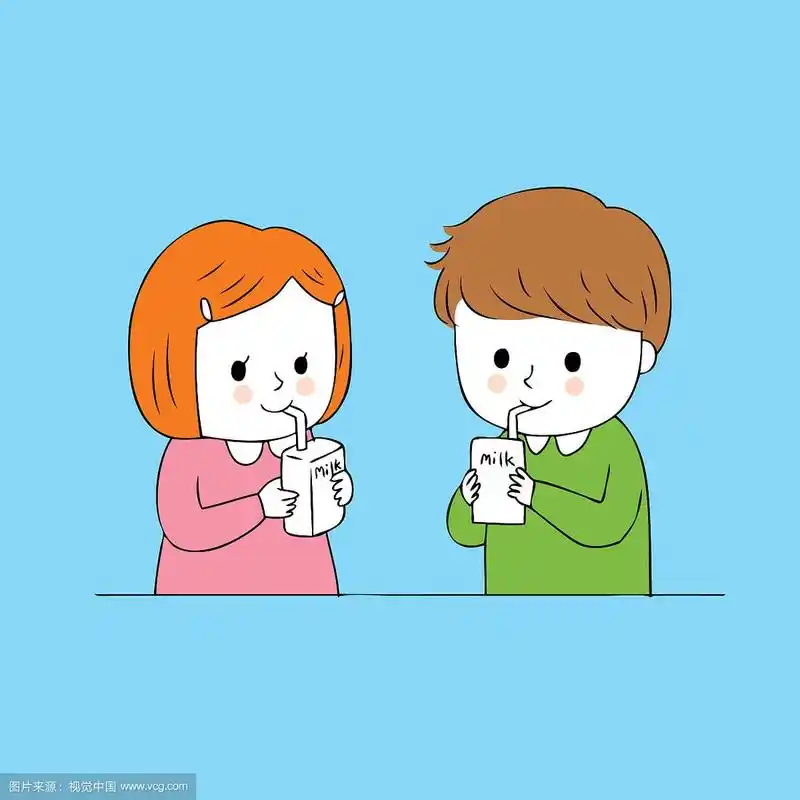 卡通可爱的学生喝牛奶
