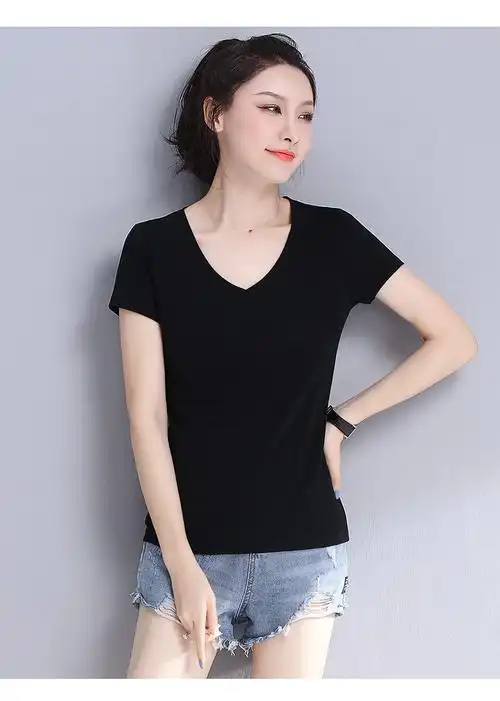 纯黑色v领t恤女短袖修身夏女装2021新款潮体恤紧身上衣黑色短款
