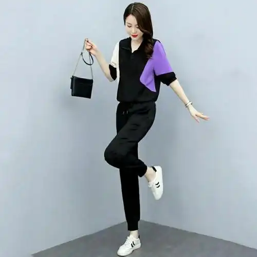 时尚大码洋气套装女夏装2021新款韩版女装减龄束脚裤运动两件套潮