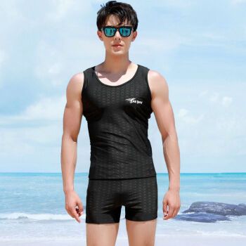 陆军武泳衣男男士游泳套装速干五分游泳裤上衣全身游泳装备 黑色背心