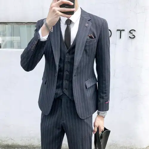 西装韩版条纹套装帅气英伦风休闲正装修身男士西服套装