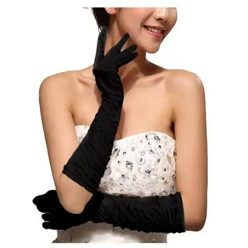 女士新娘弹力缎面褶饰/穿洞礼服婚礼歌剧长手套